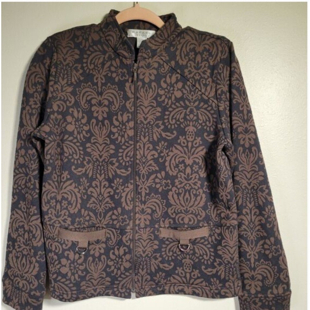 Large. Vintage 80s 90s NWT Rafael women's jacket Full zip. Black & Brown Damask.